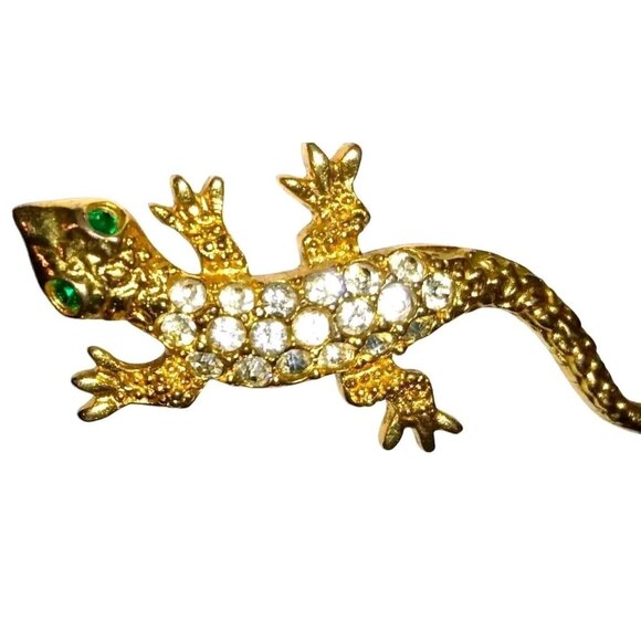 Vintage Gold Tone Lizard Brooch Pave Green White Rhinestones Textured Reptile - Picture 5 of 9